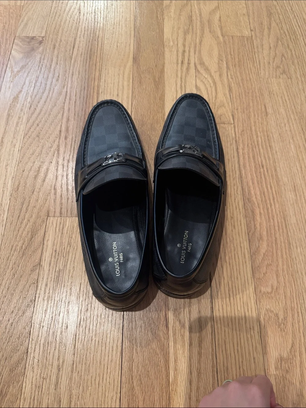 Louis Vuitton Black Damier Pattern Slip-On Loafers with LV Hardware
